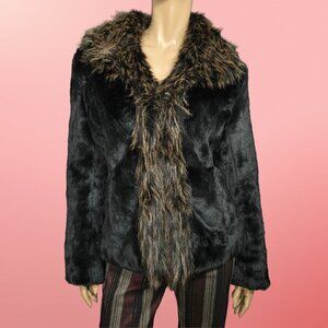 Y2K Faux Fur Penny Lane Coat Size S Boho Glam Black Brown Trim Short Length